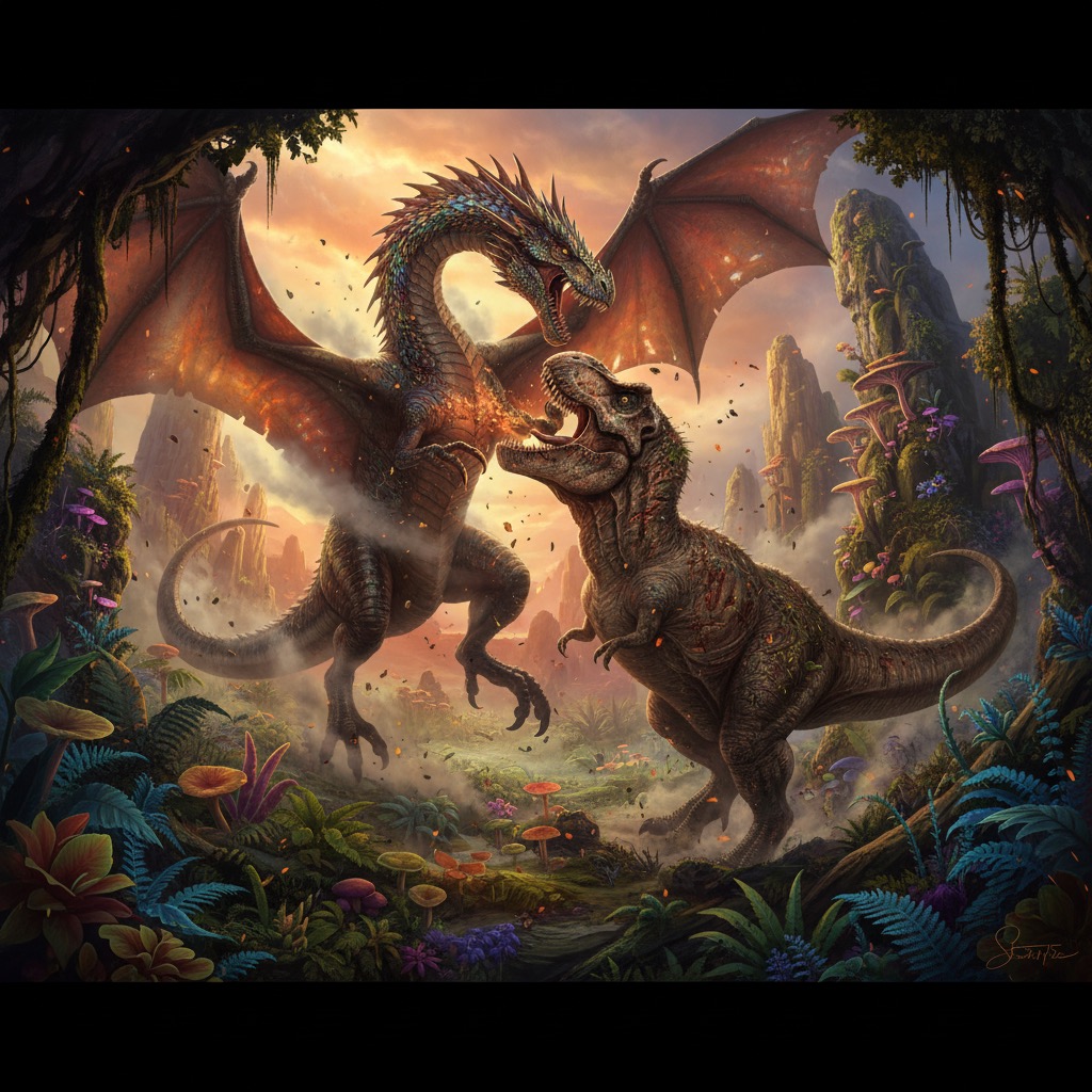 Un dragon crache du feu sur un tyrannosaure dans une jungle luxuriante au coucher du soleil.