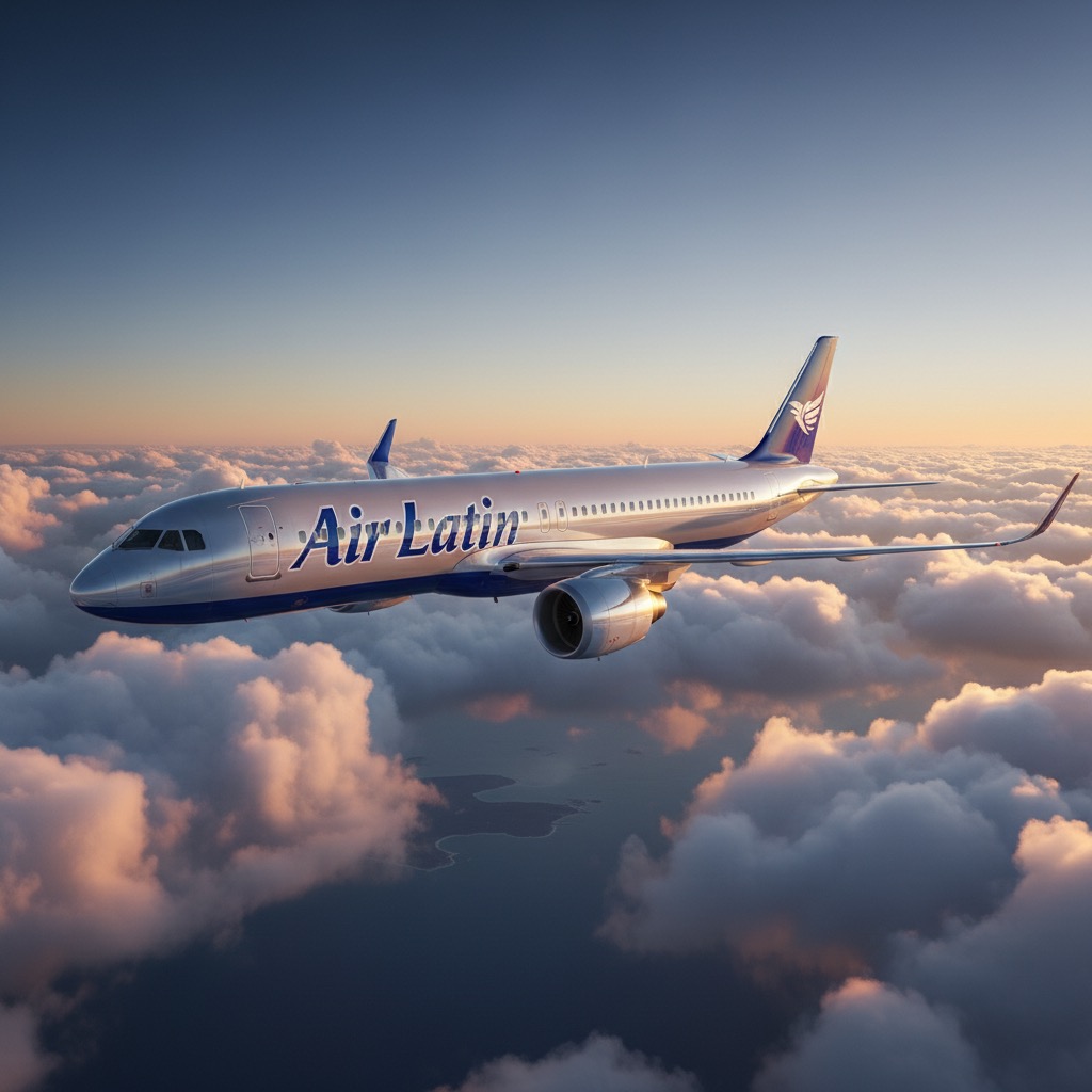 Un avion de ligne de la compagnie Air Latin vole au-dessus d'une mer de nuages au coucher du soleil.