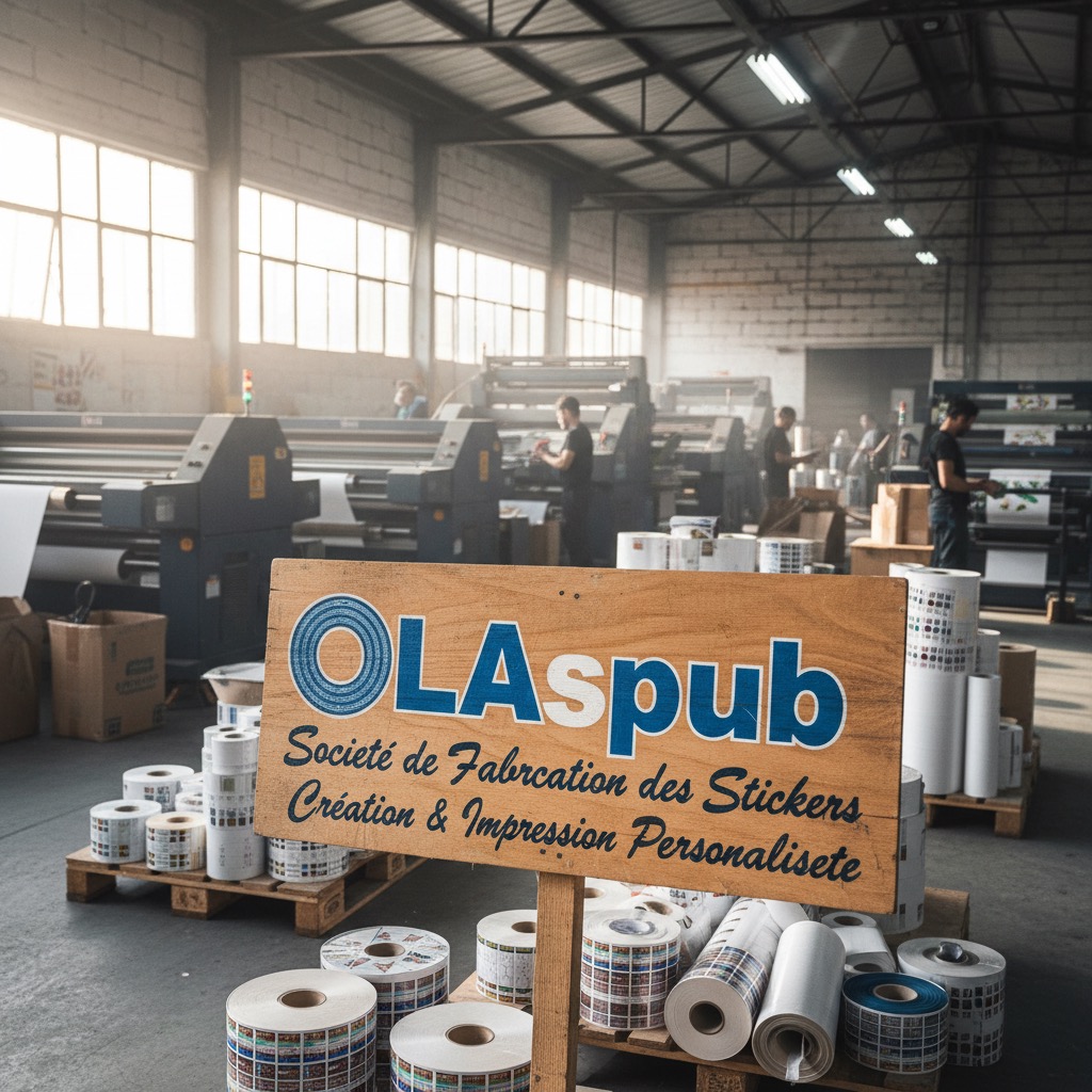 Panneau en bois affichant le logo et les services de l'entreprise OLAspub dans un atelier d'impression industrielle.