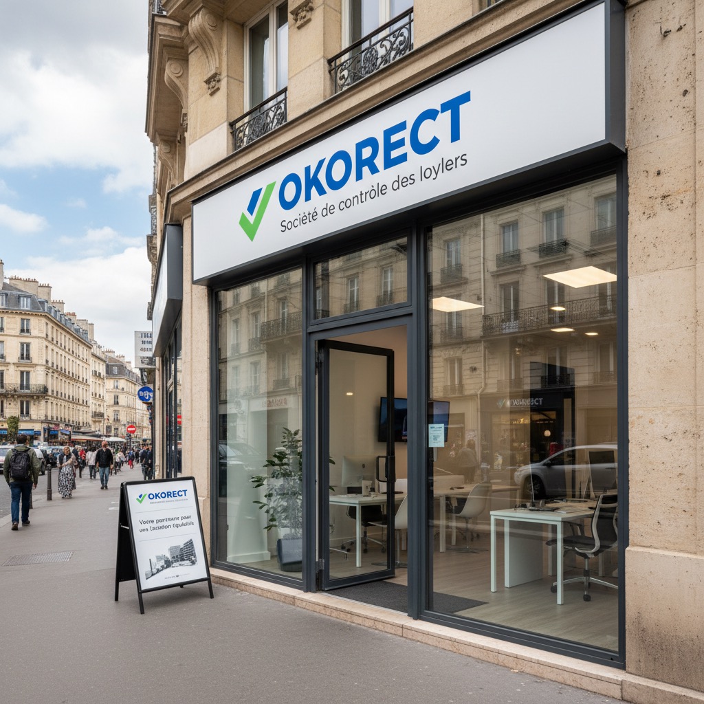 Façade de l'agence Okorect située dans une rue parisienne avec un panneau publicitaire sur le trottoir.