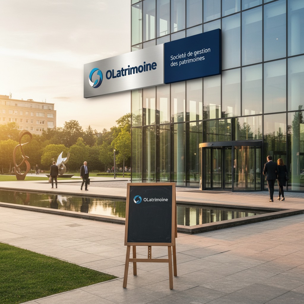 Façade d'un immeuble de bureaux moderne avec le logo OLatrimoine et un chevalet publicitaire devant un bassin extérieur.