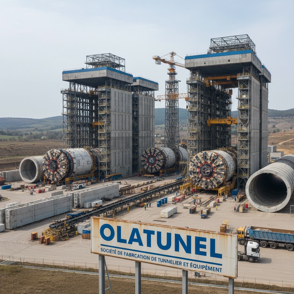 Vue aérienne d'un chantier industriel avec des tunneliers en cours d'assemblage sous de hautes structures métalliques et un panneau publicitaire Olatunel au premier plan.