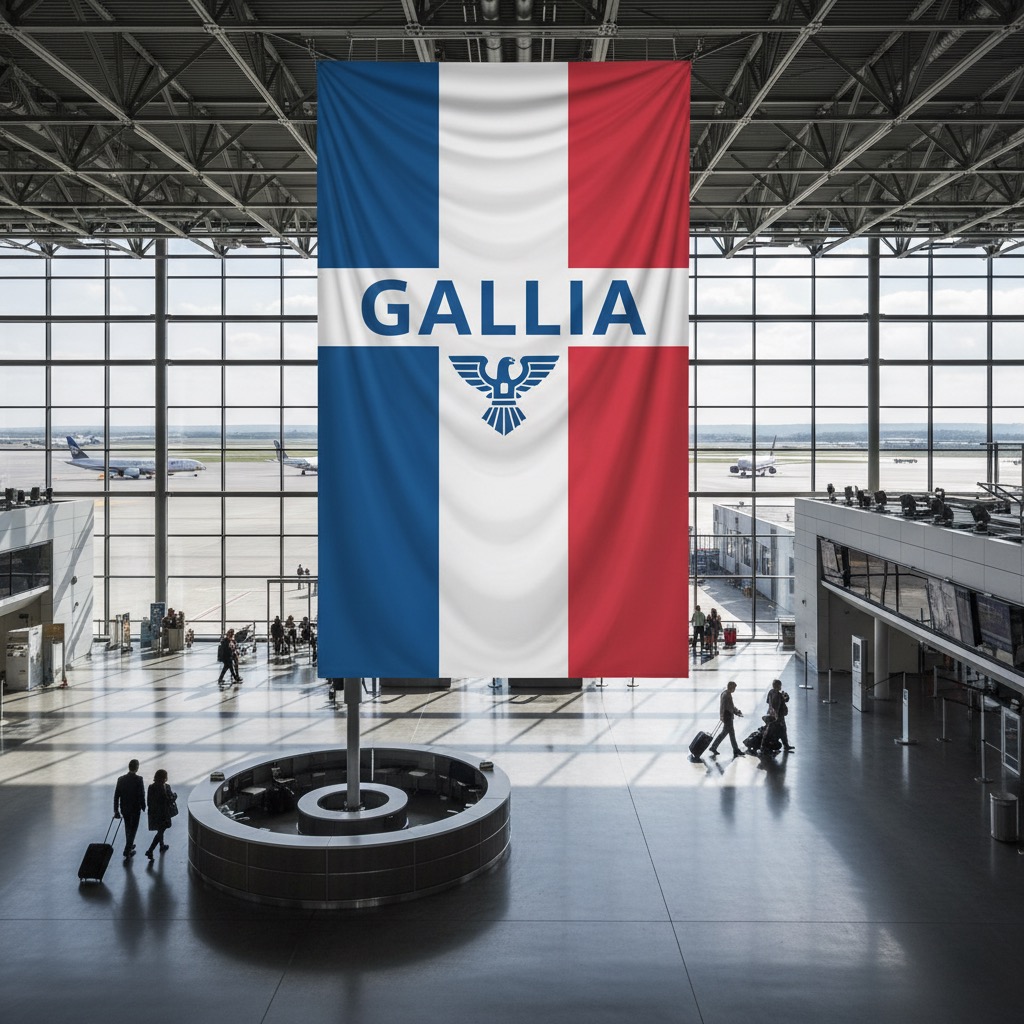 Une grande bannière portant l'inscription « GALLIA » et un emblème d'aigle est suspendue dans le hall d'un aéroport moderne.