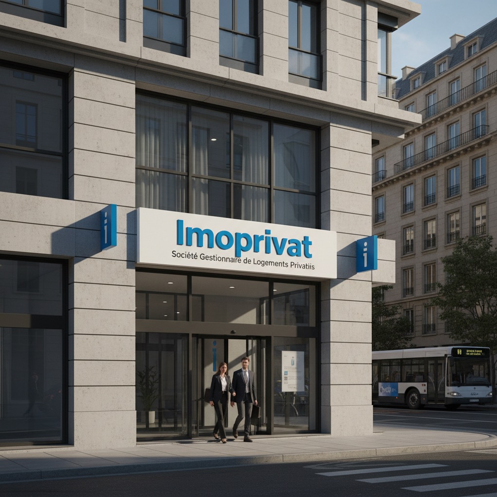 Un homme et une femme en tenue professionnelle sortent des bureaux de l'entreprise Imoprivat situés dans un immeuble moderne en ville.
