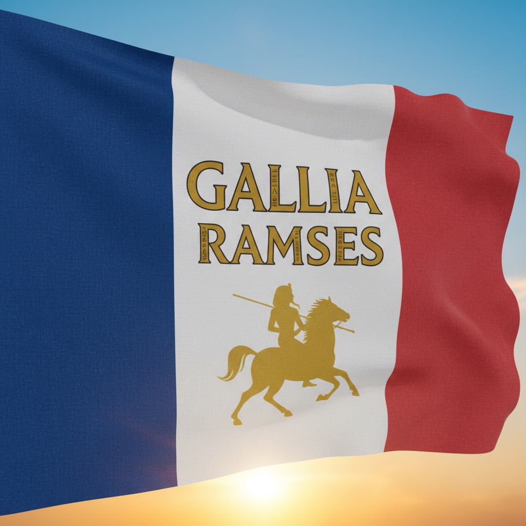 Drapeau tricolore bleu, blanc et rouge flottant au vent avec l'inscription dorée « GALLIA RAMSES » et la silhouette d'un cavalier.
