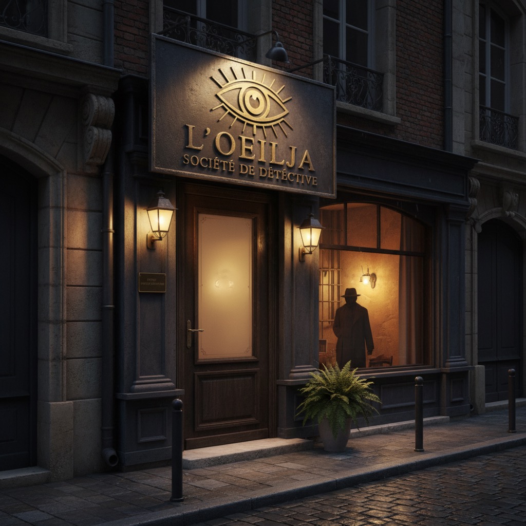 Devanture sombre d'un cabinet de détective nommé L'OEILJA, avec une enseigne lumineuse en forme d'œil et la silhouette d'un homme en imperméable et chapeau visible à travers la vitrine éclairée.