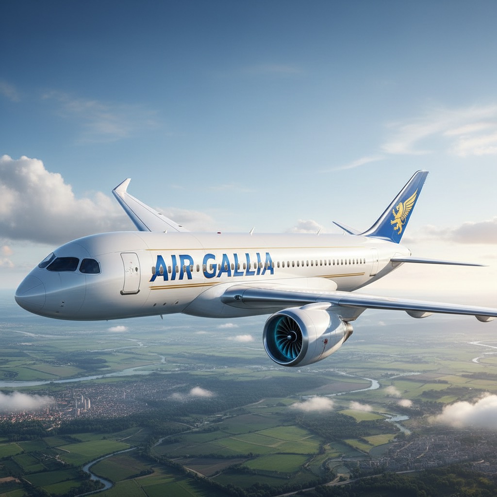 Un avion de ligne blanc de la compagnie Air Gallia survole un paysage rural verdoyant sous un ciel bleu parsemé de nuages.