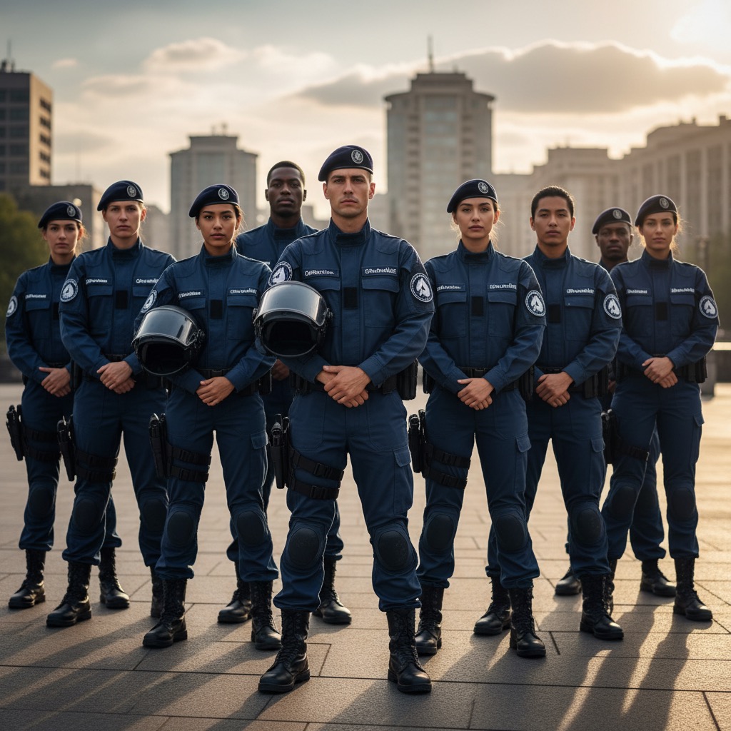 Un groupe de policiers en uniforme bleu et bérets posent sur une place urbaine au crépuscule.